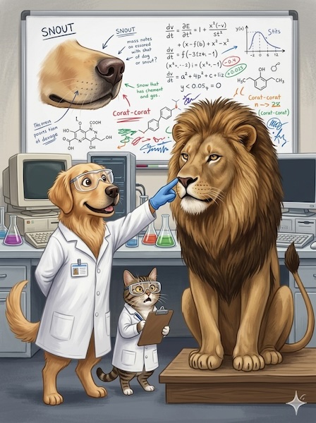 A dog scientist booping a lion's nose while a cat takes notes